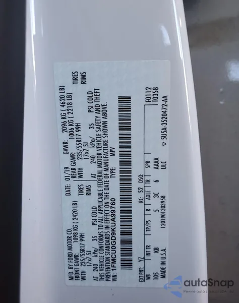 2019 Ford Escape Se from USA, damaged, VIN 1FMCU0GD9KUA99760